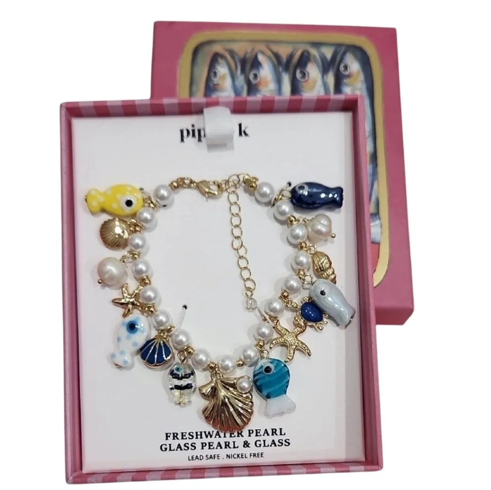 💛▪️Piper K▪️ Nautical Shell Fish Ocean  Freshwater Glass Pearl Charm Bracelet